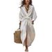 Women's Solid Color Shirt Collar Button Front Casual Dress With Pockets, 3/4 Sleeve Open Front Cardigan Midi Dress For Everyday Wear_ecoleips.com