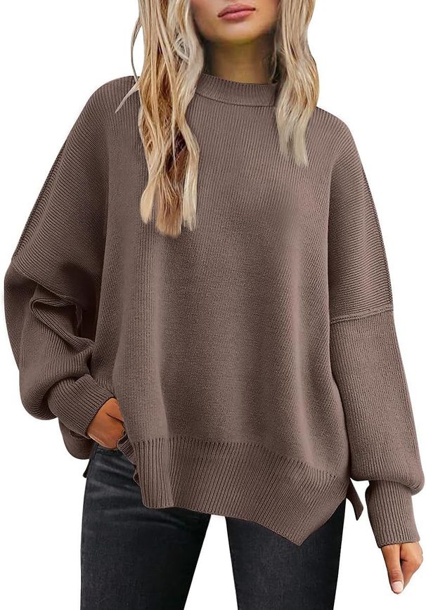 Women's Batwing Long Sleeve Knit Sweater - Oversized Round Neck Pullover With Side Slits, Soft Polyester Blend, Comfortable Loose Fit For Autumn_ecoleips.com