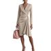 Women's Clothing Elegant Bodycon Dress With V-Neck & Pleated Detail - Slim Fit Long Sleeve Midi Dress For Women (White, Champagne, Wine Red, Pink)_ecoleips.com