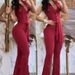 Women's Clothing Elegant V Neck Button Pockets, High Waisted Lace Up Solid Color Slim Fit Jumpsuit_ecoleips.com