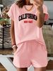 Summer New Blue California Letter Pattern T-shirt, Casual Printed Round Neck Short Sleeved Top With Elastic Waist Pocket, Women's Two-piece Set-285_ecoleips.com