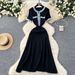 Elegant Denim Patchwork Short Sleeve Dress With Metal Buttons - High Waist A-Line Midi Dress For Women, Casual Office Wear (White/Black/Blue)_ecoleips.com