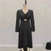 European And American Clothing Women, French Elegant Style Black Satin V-neck Long-sleeve Dress For Women_ecoleips.com