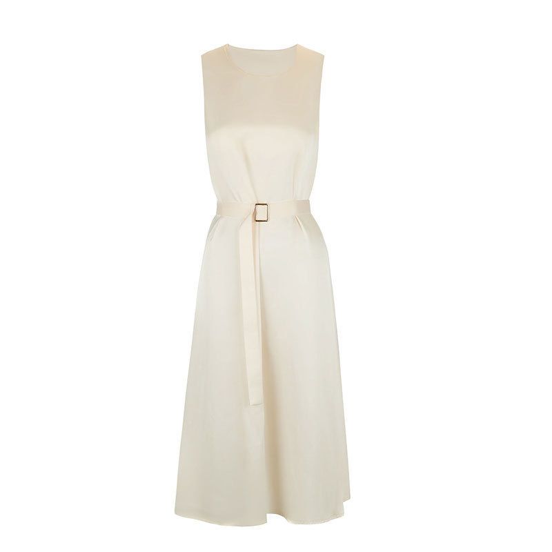 Summer New French-style Elegant Dress With Belt That Accentuates The Waist Creates A Slimming Effect, Sleeveless,_ecoleips.com