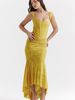 K New Square Neck Elastic Pleated Sleeveless Fishtail Suspender Long Skirt_ecoleips.com