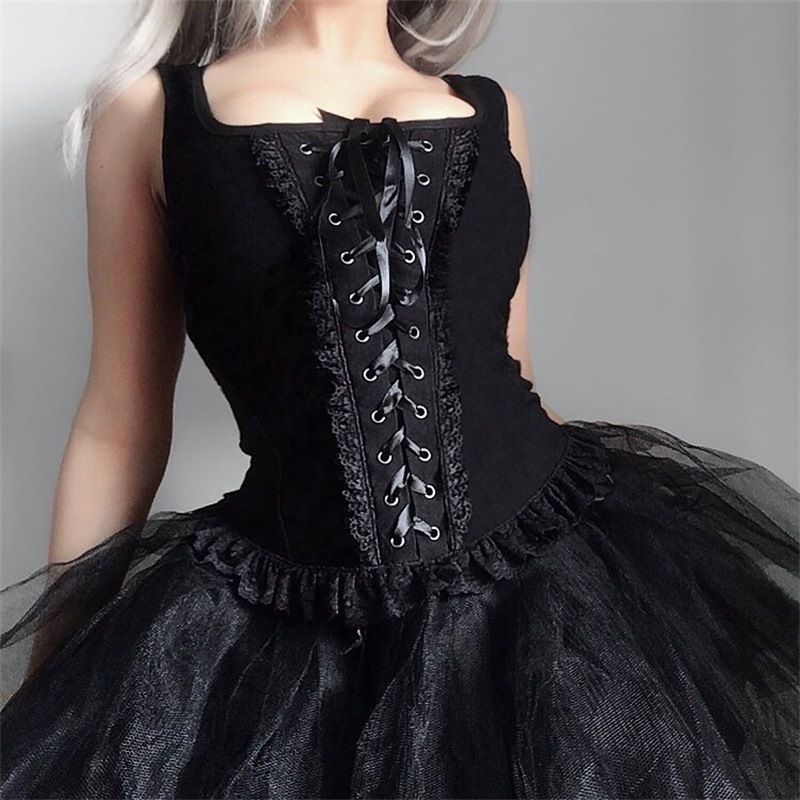 Summer Square Neck Tie up Vest Women's Dark Fashion Knitted Lace Camisole Top European American Style_ecoleips.com