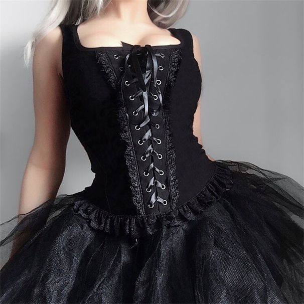 Summer Square Neck Tie up Vest Women's Dark Fashion Knitted Lace Camisole Top European American Style_ecoleips.com
