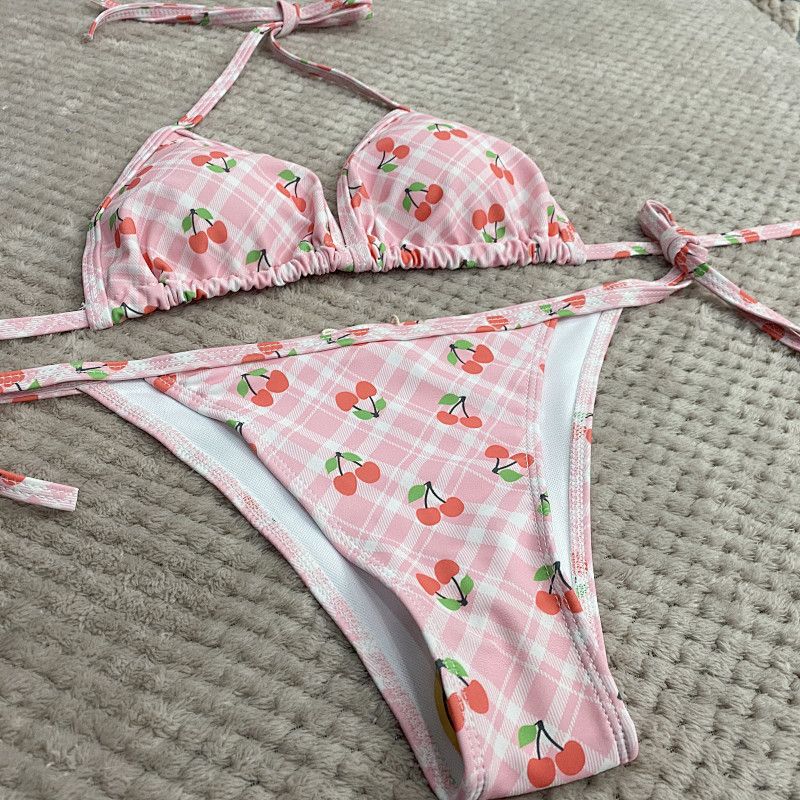 Geluboao Solid Ribbed Bikini Set High Leg Thong Knot Front Padded Swimwear_ecoleips.com