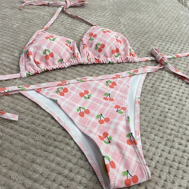 Geluboao Solid Ribbed Bikini Set High Leg Thong Knot Front Padded Swimwear_ecoleips.com
