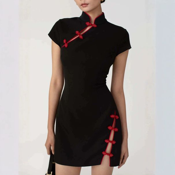 Women's Traditional Chinese Style Dress Stand Collar Button Detail Cheongsam Black Red Color Block Short Spicy New Summer Fashion_ecoleips.com
