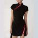 Women's Traditional Chinese Style Dress Stand Collar Button Detail Cheongsam Black Red Color Block Short Spicy New Summer Fashion_ecoleips.com