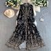 Women's French Style Retro Sweet Floral Dress Lantern Sleeve Tie Waist Slimming Long Skirt For Spring And Autumn_ecoleips.com