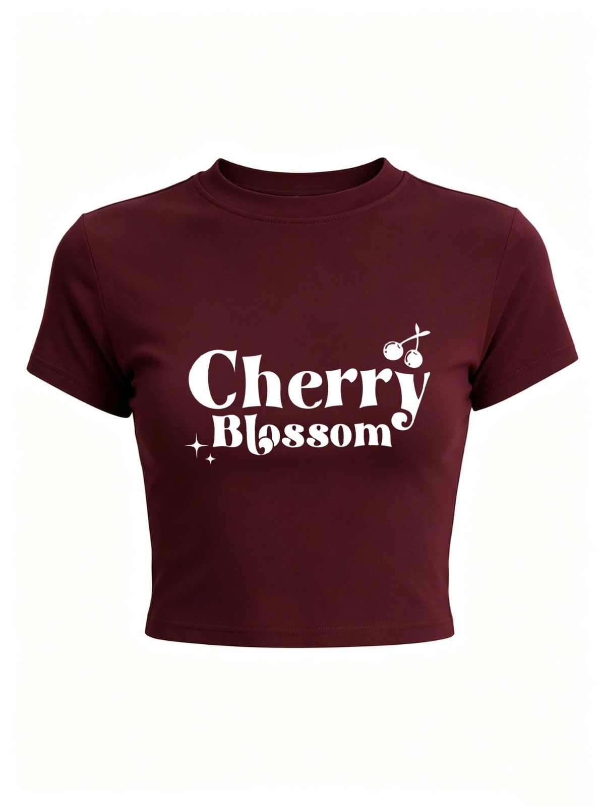 Women Cherry Blossom Fruit Letter Graphic Crop Top Slim Crew Neck Short Sleeve Retro Cute Casual Streetwear Summer T-Shirt_ecoleips.com