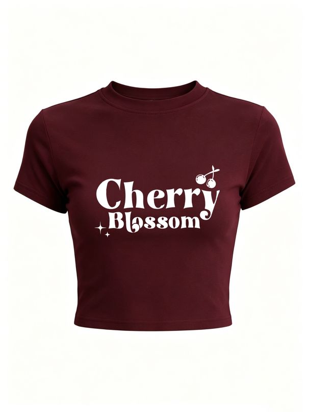 Women Cherry Blossom Fruit Letter Graphic Crop Top Slim Crew Neck Short Sleeve Retro Cute Casual Streetwear Summer T-Shirt_ecoleips.com
