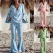 New 2026 Women's Two Piece Set Solid Color V Neck Flared Sleeve Long Pants Independent Clothing Cross Border Europe & America_ecoleips.com