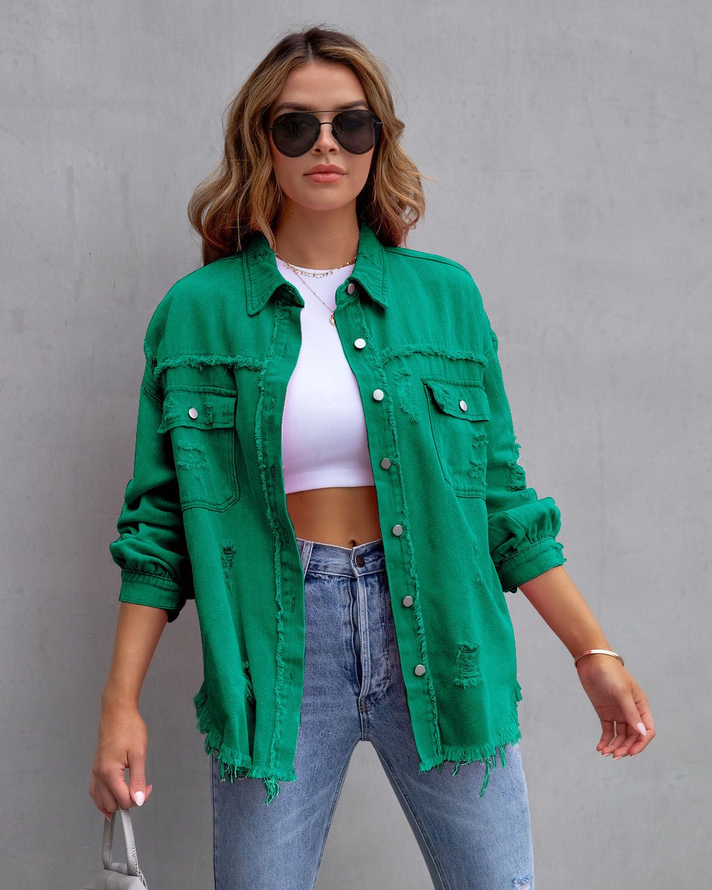Women's Casual Fashion Summer Lapel Long Sleeve Ripped Denim Jacket Washed Effect Spring/Autumn Wear Regular Fit_ecoleips.com