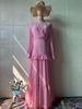 Elegant Comfort Color-Block Maxi Dress - V-Neck Long Sleeve Polyester Blend Dress With Princess Seams For Women (Pink)_ecoleips.com