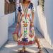 Women's Clothing Summer New V Neck Printed Fashion Loose Short Sleeved Long Dress_ecoleips.com