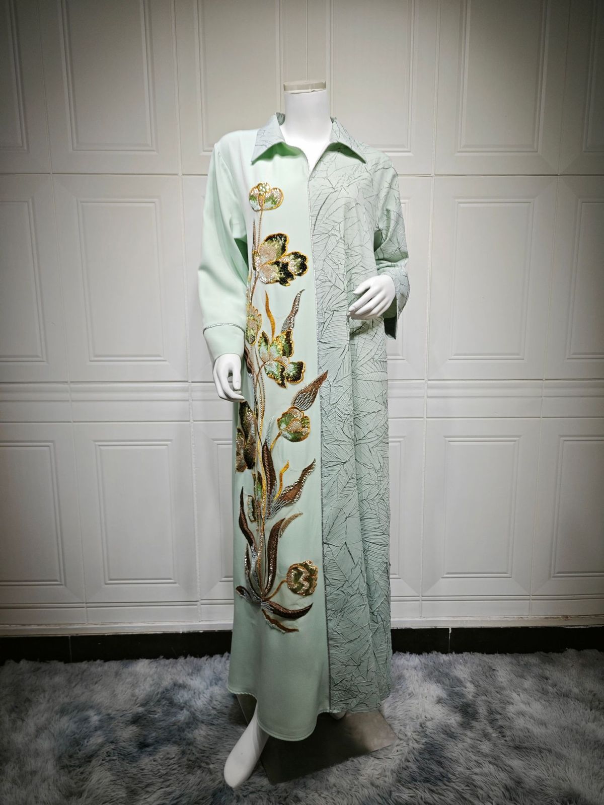 Elegant Embroidered Muslim Dress With Lace Applique & Sequins - Long Sleeve Maxi Abaya For Women (Available In Beige, Green, Blue, S-XXL)_ecoleips.com
