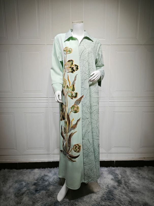 Elegant Embroidered Muslim Dress With Lace Applique & Sequins - Long Sleeve Maxi Abaya For Women (Available In Beige, Green, Blue, S-XXL)_ecoleips.com
