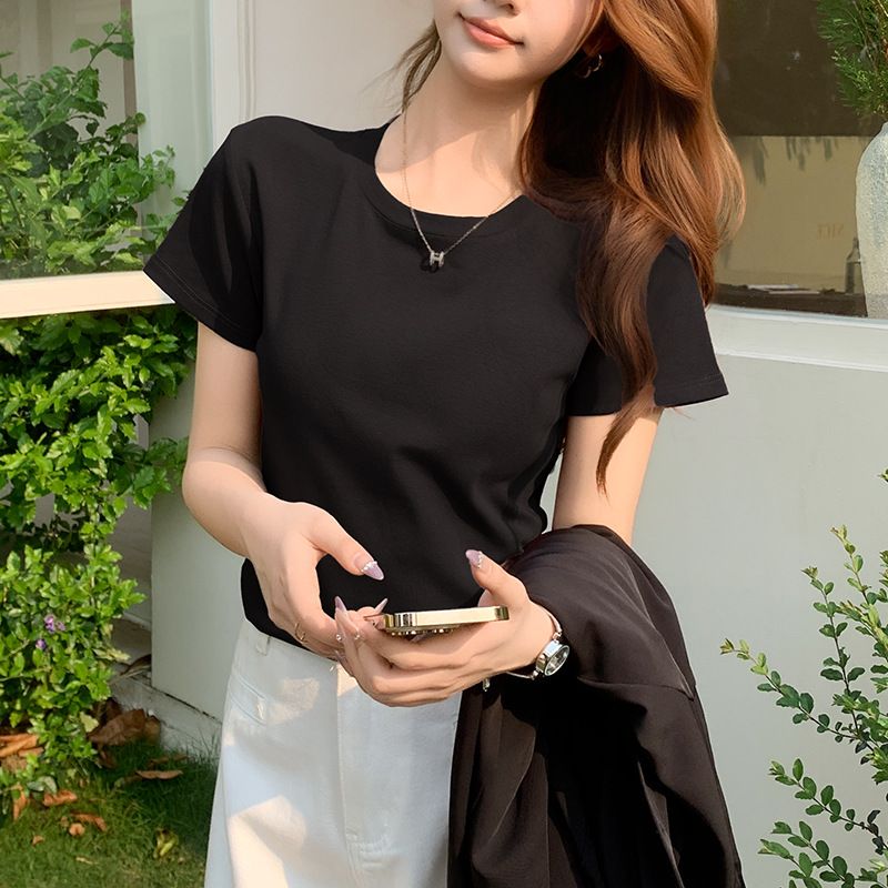White Short-sleeved T-shirt Women's Summer 2026 New Beautiful And Good-looking Small Inner Bottom Round Neck Front Shoulder Top_ecoleips.com