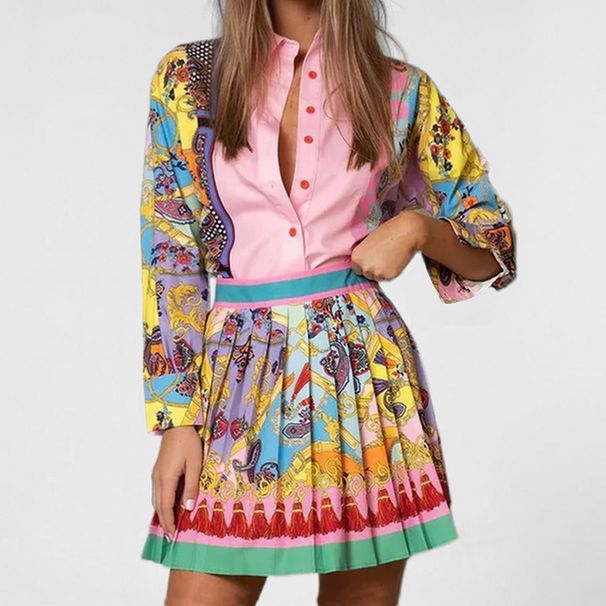 Aria Basics Aria Basics 2025 Spring New European And American Cross-Border Fashion Printed Long Sleeve Shirt Top + Pleated Skirt Women's_ecoleips.com