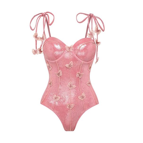 Women's Clothing Swimsuit New Three Dimensional Butterfly Decoration Sweet Girl Pink Shiny One Piece Swimsuit Beach Suit Female_ecoleips.com