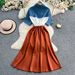 Women's Clothing Fashionable Brand Large Size Color Matching Drawstring Waist Denim Shirt Long Short-sleeved Dress For Women Spring And Summer_ecoleips.com