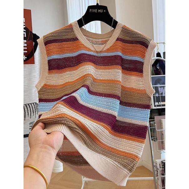 Women's Clothing Popular Two Piece Pants Thin Breathable Striped Knitted Short Sleeved Top High Waist Slim Wide Leg Nine Point Pants_ecoleips.com