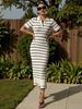 Elegant Women's Short Sleeve Long Dress Slim Fitting Striped Knit New American Style_ecoleips.com