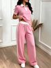 Women's Casual Color Block Polo Neck Top with Striped High-Waisted Drawstring Trousers Set Comfortable Summer Pant Set_ecoleips.com