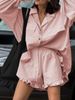 Women's Spring Summer Light Pink Linen Co-ords, Ruffle Shirt With Chest Patch Pockets & Elastic High Waist Loose Shorts_ecoleips.com