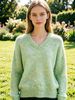 Light Green Heather Pit Rib Knit Sweater, Loose V Neck Lightweight Breathable Soft Skin-touch Wool Blend Pullover_ecoleips.com