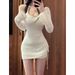 Pure Desire Style Sweet Spicy Girl Halter Neck White Dress Set For Women Spring Summer Irregular Drawstring Hollow_ecoleips.com