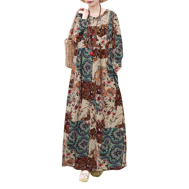 ZANZEA Women O Neck Robes Vintage Holiday Casual Loose Paisley Printed Long Vestidos Long Sleeve Autumn 2024 Cotton Maxi Dress_ecoleips.com