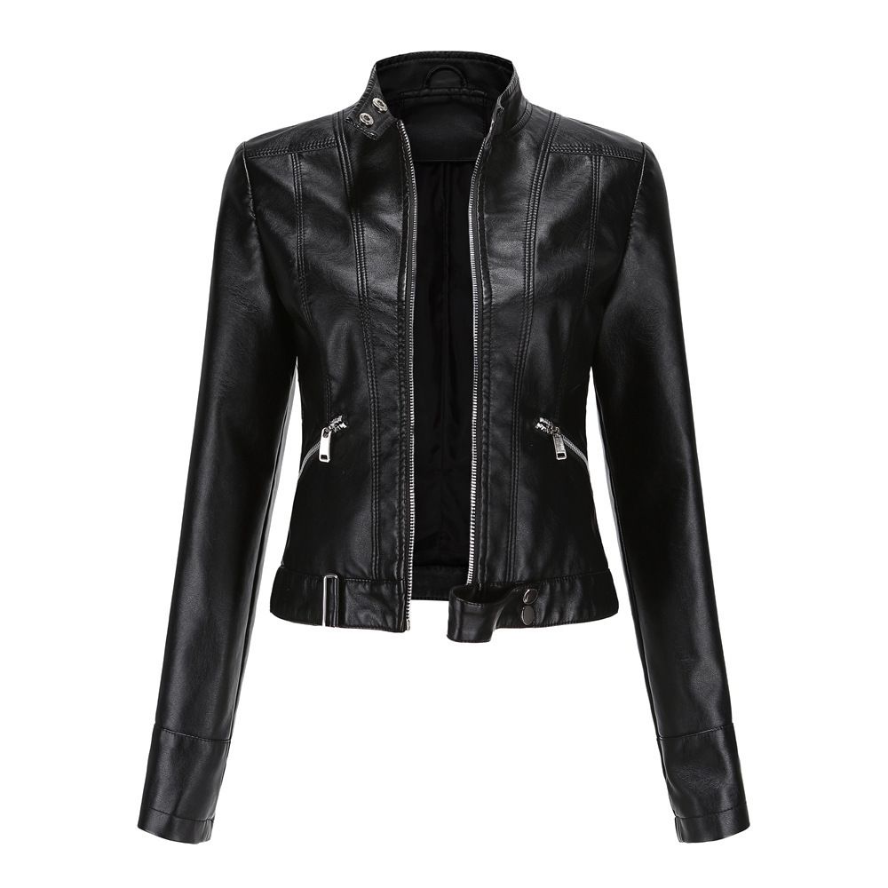New Style Leather Jacket For Women Short Small Jacket Spring And Autumn Stand Collar Women's Leather Jacket Cross Border Women's Thin Leather Jacket_ecoleips.com