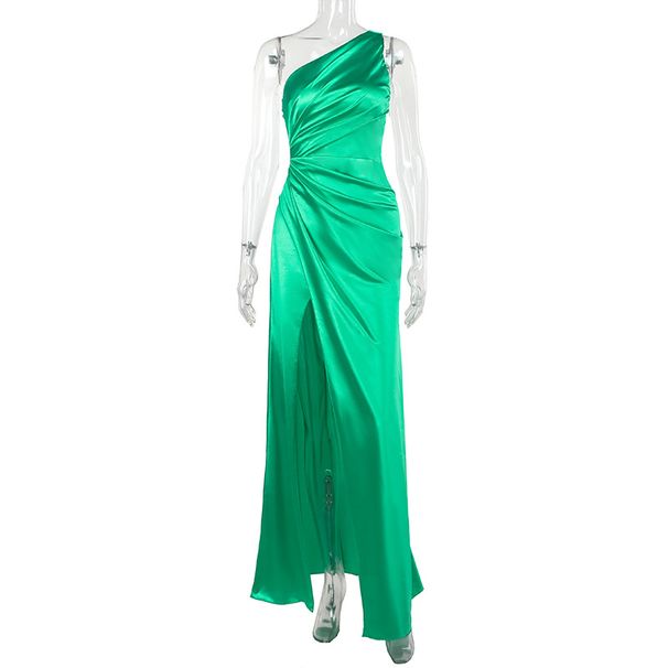 Women's Clothing One shoulder satin sexy slit dress long skirt new temperament slim dress _ecoleips.com