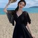 Women's One Piece Swimdress V Neck Sheer Lace Flare Sleeve Tummy Control Modest Summer Beach Vacation Bathing Suit Swimwear_ecoleips.com