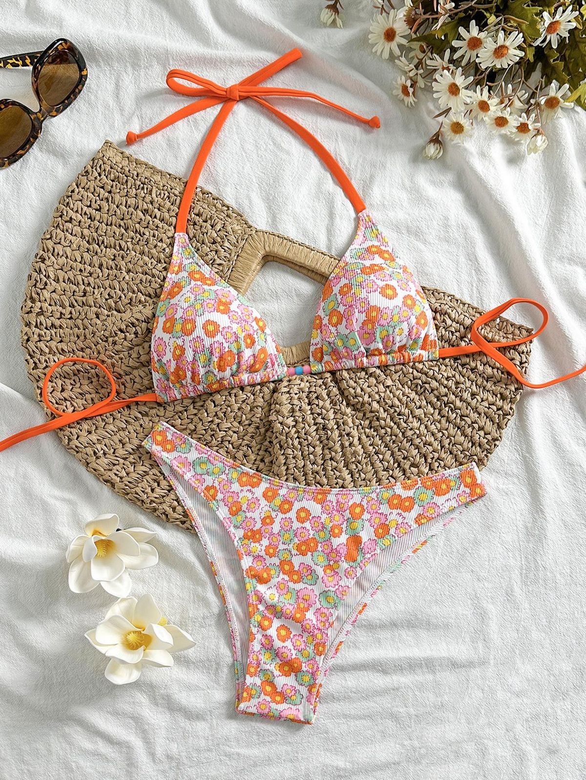 Women's Floral Two Piece Beach Swimsuit Bikini European American Style Strappy Sexy Summer Swimwear_ecoleips.com