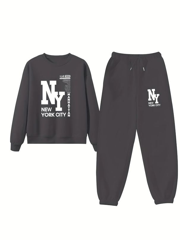 Women's Printed Two Piece Tracksuit, Long Sleeve Pullover Top And Drawstring Waist Pants, Casual Sportswear For Spring And Fall_ecoleips.com