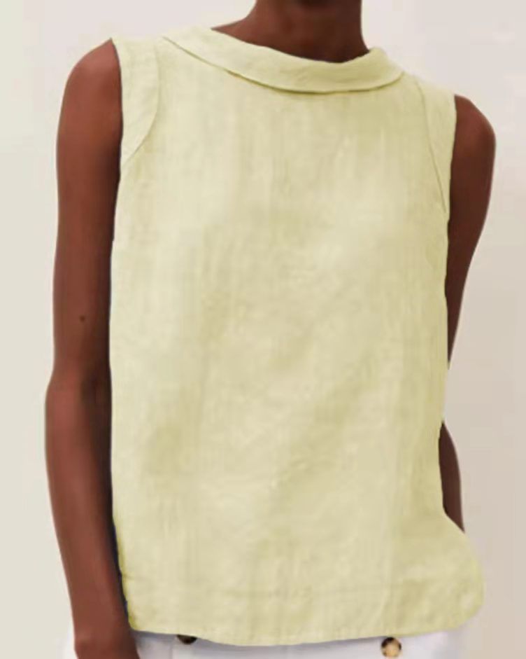 Women's Clothing Cotton And Linen Solid Color Round Neck Short Pullover Casual Solid Color Sleeveless Top_ecoleips.com