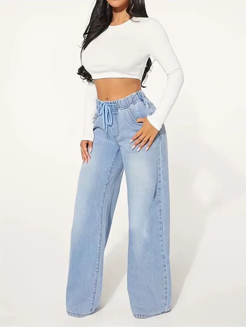Women's Clothing Women's Denim High Waist Drawstring Loose Wide Leg Light Blue Jeans Women's JEANS_ecoleips.com