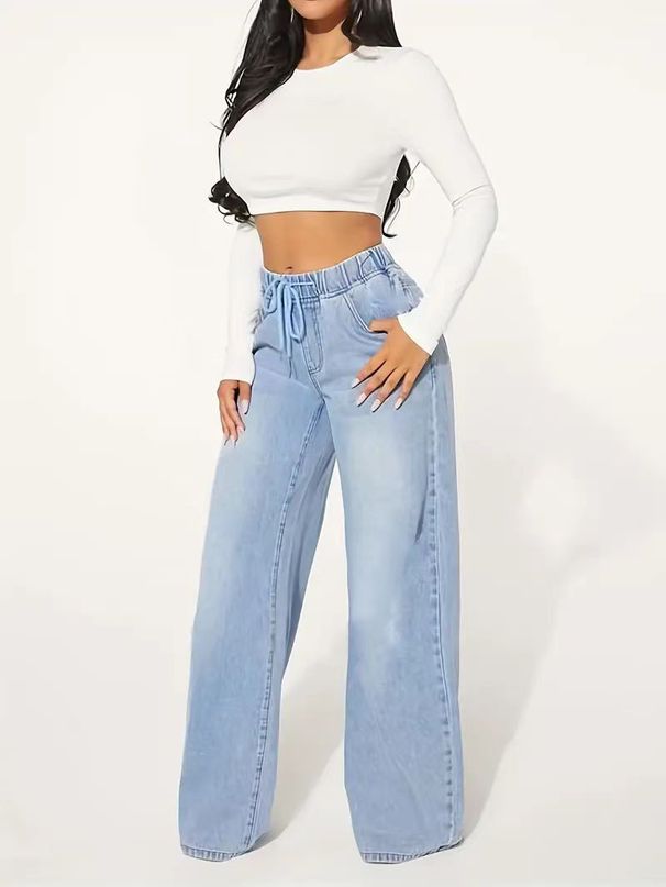 Women's Clothing Women's Denim High Waist Drawstring Loose Wide Leg Light Blue Jeans Women's JEANS_ecoleips.com