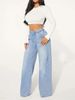 Women's Clothing Women's Denim High Waist Drawstring Loose Wide Leg Light Blue Jeans Women's JEANS_ecoleips.com