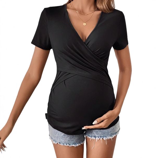 Women's Clothing Summer Cross Waist Slim V Neck Solid Color High Elastic Yoga Fitness Design Pregnant Women T Shirt Tops_ecoleips.com