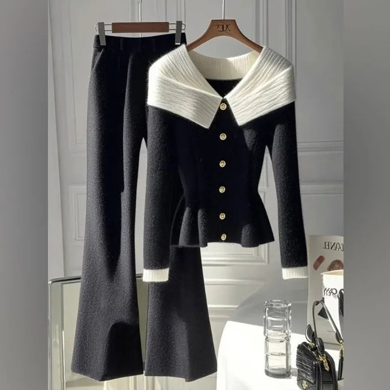 Women’s Clothing Unique Design, Contrast Color Stitching Collar Top, High Waist, Slimming, Slightly Flared Pants, Versatile Two Piece Suit, Trendy_ecoleips.com