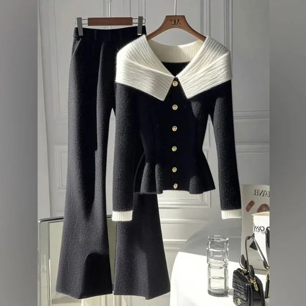Women’s Clothing Unique Design, Contrast Color Stitching Collar Top, High Waist, Slimming, Slightly Flared Pants, Versatile Two Piece Suit, Trendy_ecoleips.com