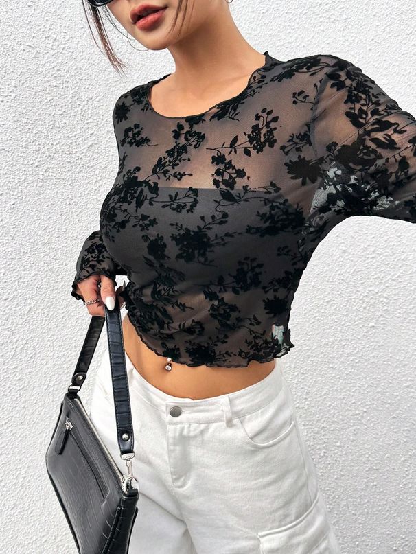 Women's Black Long Sleeve T-Shirt Sexy Mesh Round Neck Top Style_ecoleips.com