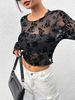 Women's Black Long Sleeve T-Shirt Sexy Mesh Round Neck Top Style_ecoleips.com