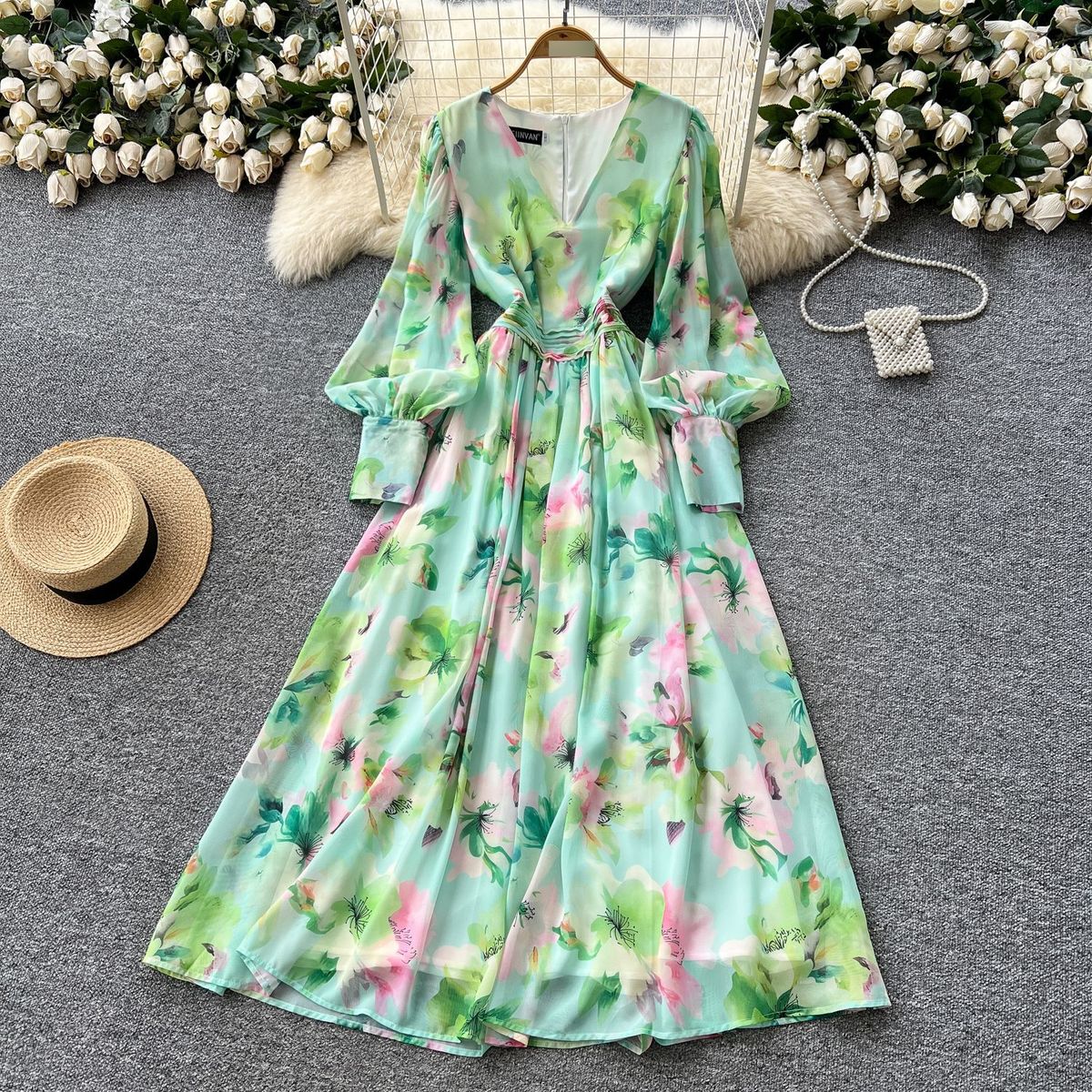Women's Clothing Gentle Printed Lantern Sleeves V Neck Dress For Women In Summer With Slim Waist And Long Swing For Light Luxury Long Skirt_ecoleips.com